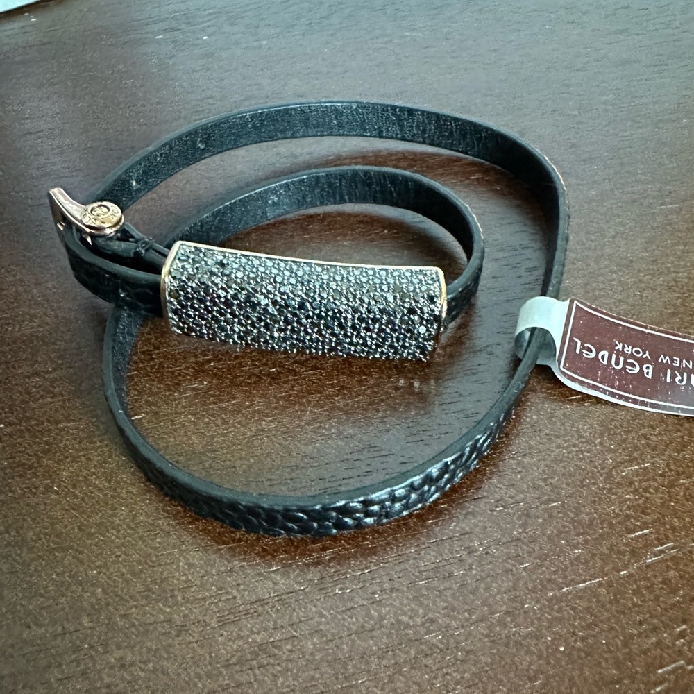 Henri Bendel Black Leather Rose Gold/Crystal Bar Rivington Wrap Bracelet NWT